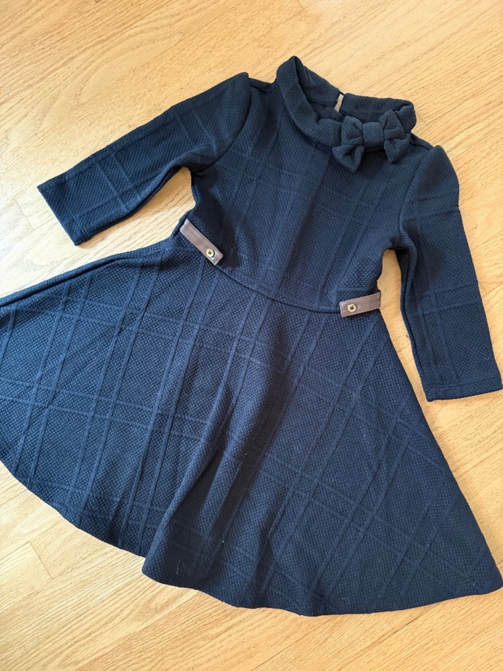 Janie and Jack Girls Black Quilted Jaquard Dress Faux Leather Trim Bow Sz 6